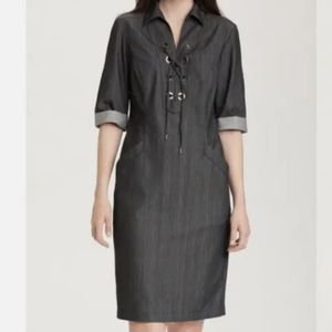 Lafayette 148 Dark Chambray Black Denim Nissa Lace-Up Grommet Dress, Size 8
